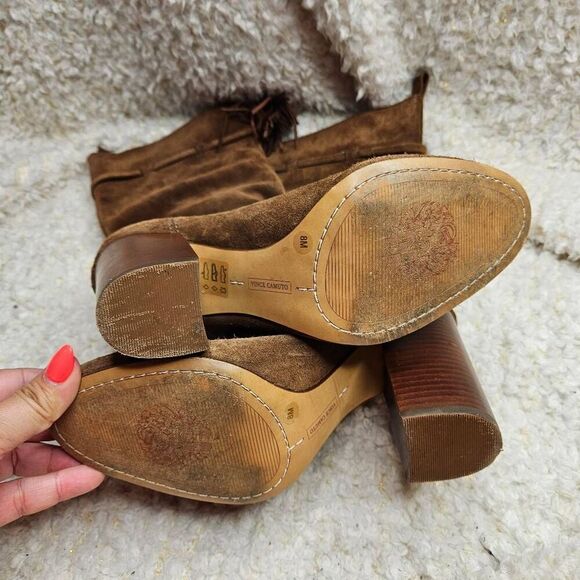 Vince Camuto Fermel Tan Suede Leather Tasseled Heeled Boots sz 8 - Picture 5 of 6